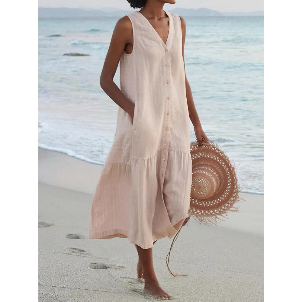 Lintico Drop Waist Linen Dress for Women Size 2X Pink Sleeveless Langenlook